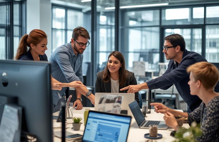 desk steup in office and Using laptop team work and team discuss data entry management